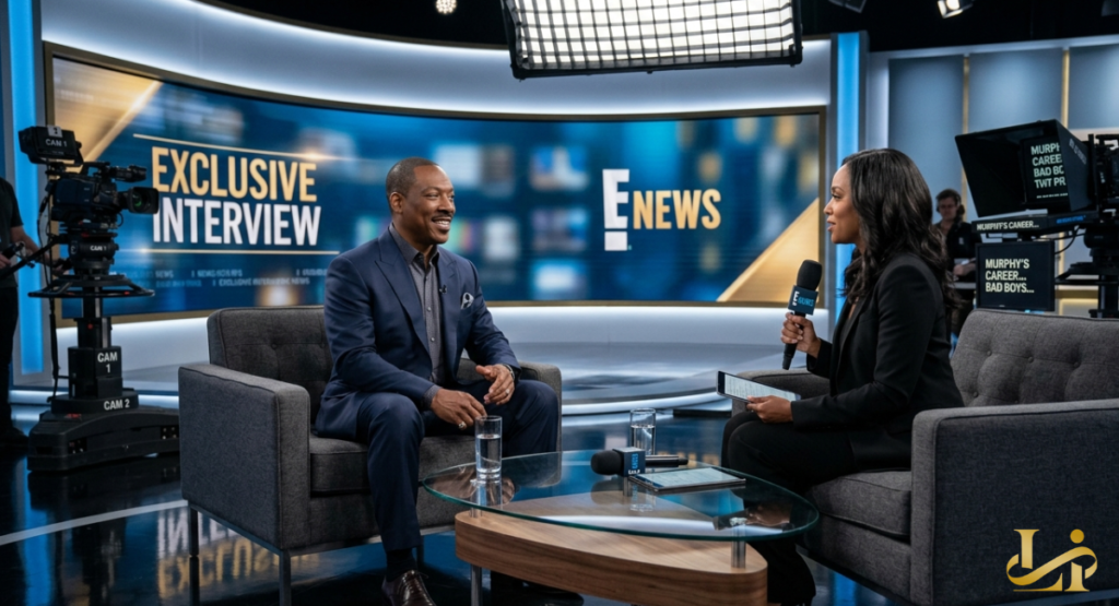 Actor sits in a blue suit on an E! News set across from a host holding a mic, with “EXCLUSIVE INTERVIEW” and career highlights displayed on studio monitors behind them.