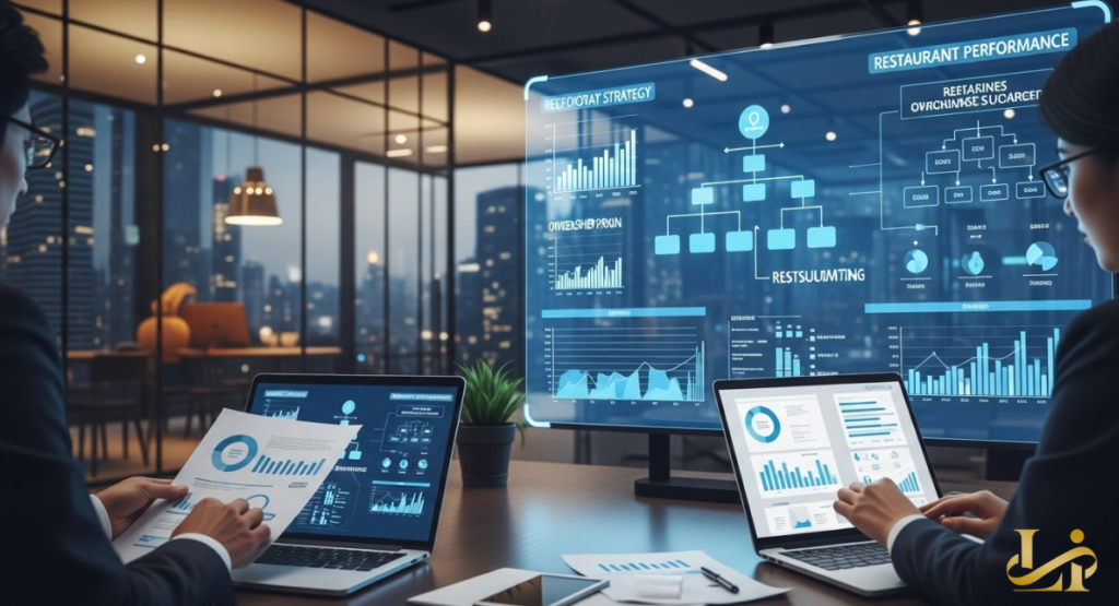 Two executives review laptops and printed charts in a glass-walled office while a large screen shows “Restaurant Performance” and ownership flowcharts. Data on restructuring strategy, revenue, and location metrics fills the holographic display.