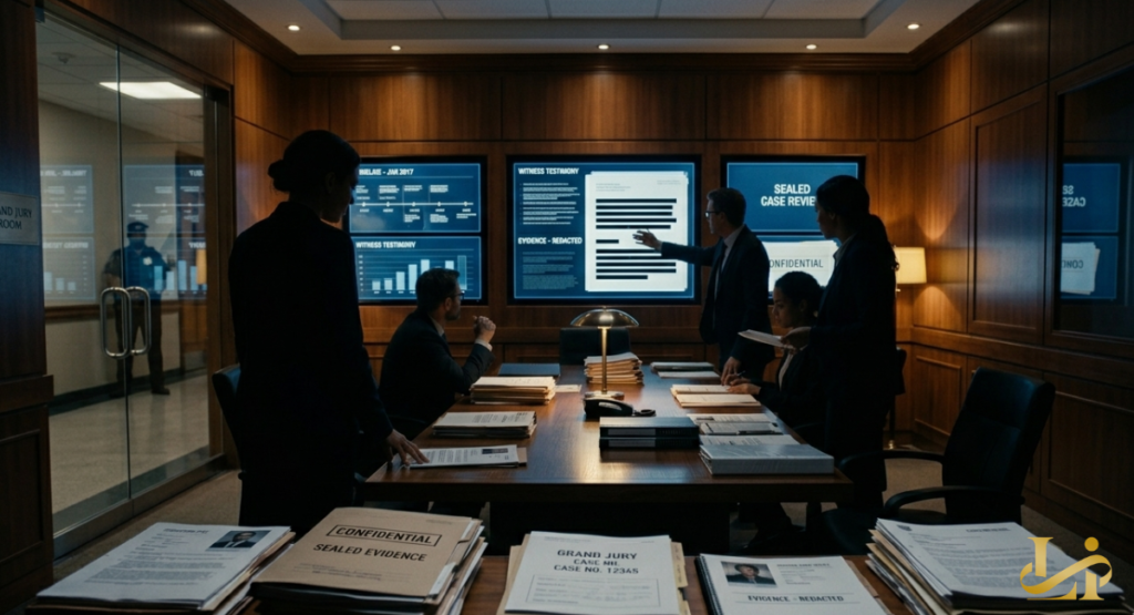 Legal professionals gathered in a wood-paneled conference room reviewing redacted witness testimony and sealed evidence files.
