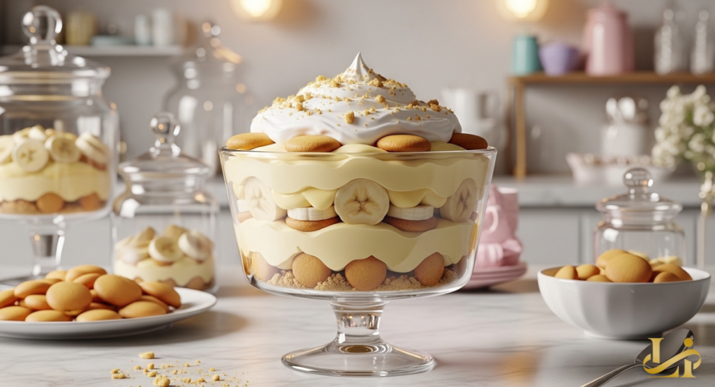 Elegant trifle bowl layered with vanilla pudding, sliced bananas, and wafers, crowned with whipped cream and cookie crumbs in a bright kitchen.