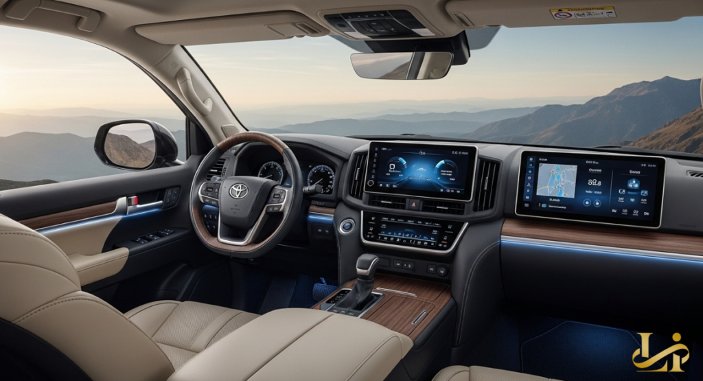 The refined interior cabin of a luxury SUV featuring a large touchscreen, wood trim, and leather seating.