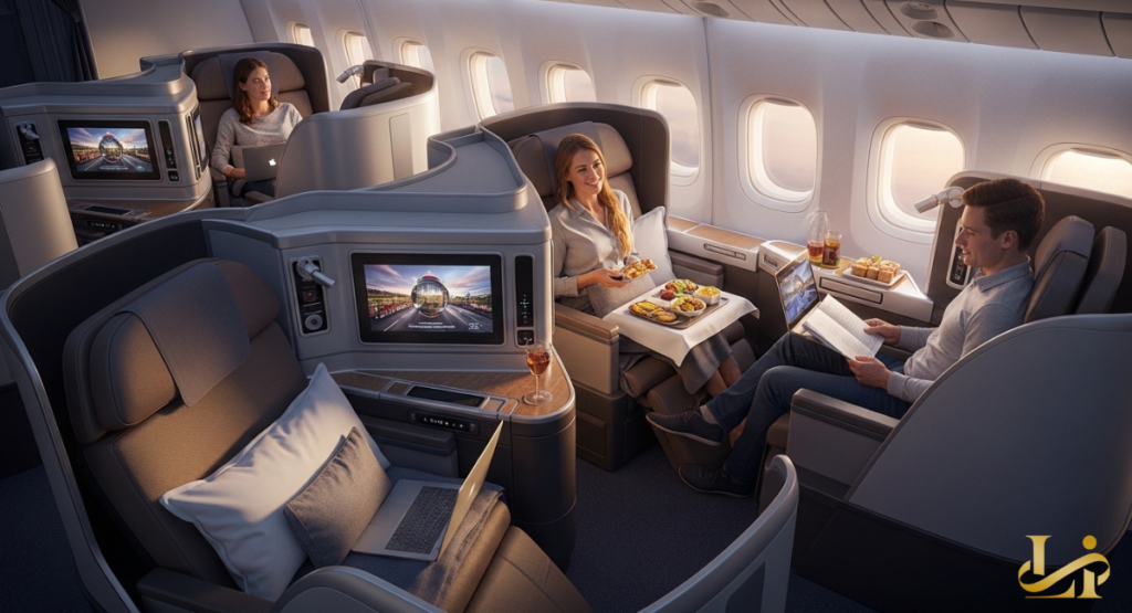 Spacious business-class cabin with enclosed suites, lie-flat seats, and large entertainment screens. Passengers dine, work on laptops, and relax as warm sunset light fills the windows.