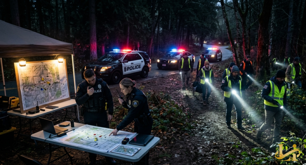 Police officers coordinate over illuminated maps at a forest command post while volunteers in reflective vests head into the woods with flashlights during an active night search.