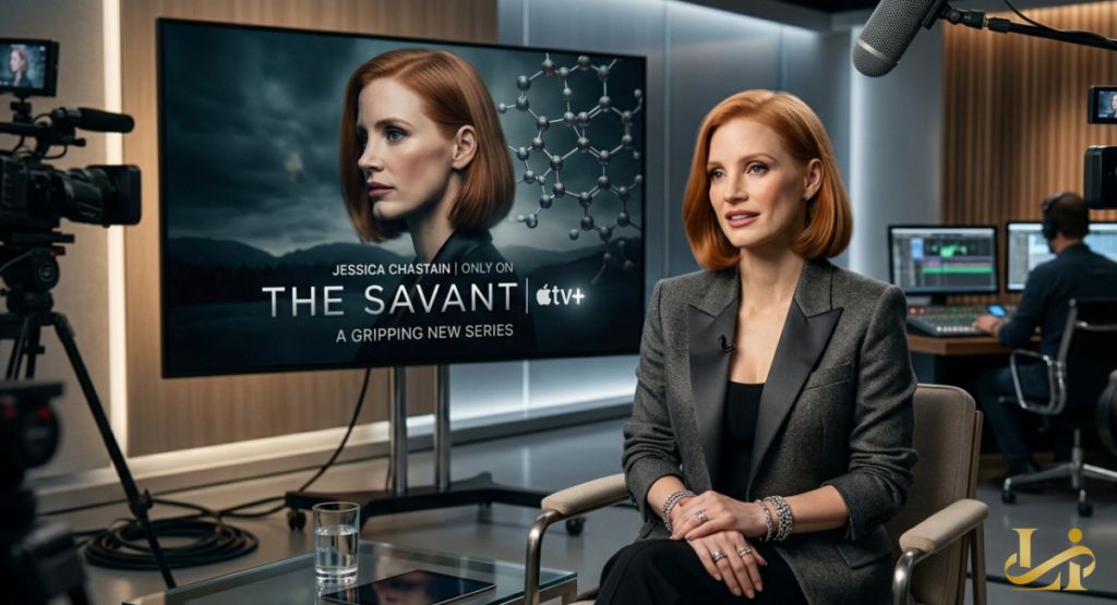 Jessica Chastain sits in a modern studio for an interview while a monitor behind her displays “THE SAVANT | Apple TV+” with molecular graphics and her character portrait.