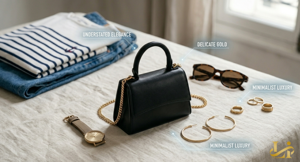 Folded striped tee and jeans lie beside a black top-handle bag with gold chain, tortoiseshell sunglasses, delicate rings, hoop earrings, and a leather watch on linen.