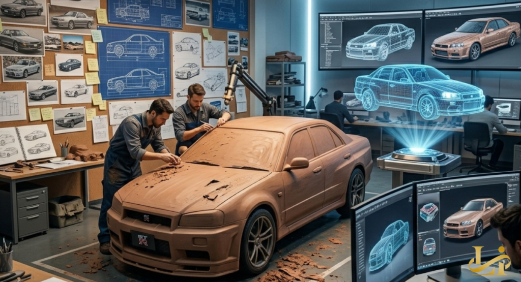 Two automotive designers working on a full-scale clay model of a car in a high-tech studio with digital wireframes on wall monitors.