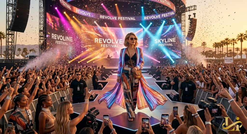 A lone figure walks on an outdoor runway as confetti and spotlights, flashing 'REVOLVE' and 'SKYLINE', fill the air above a massive crowd.
