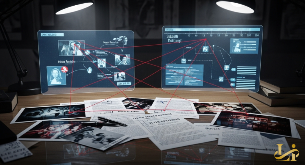 A dark desk covered in physical documents and transparent digital screens connected by red string.