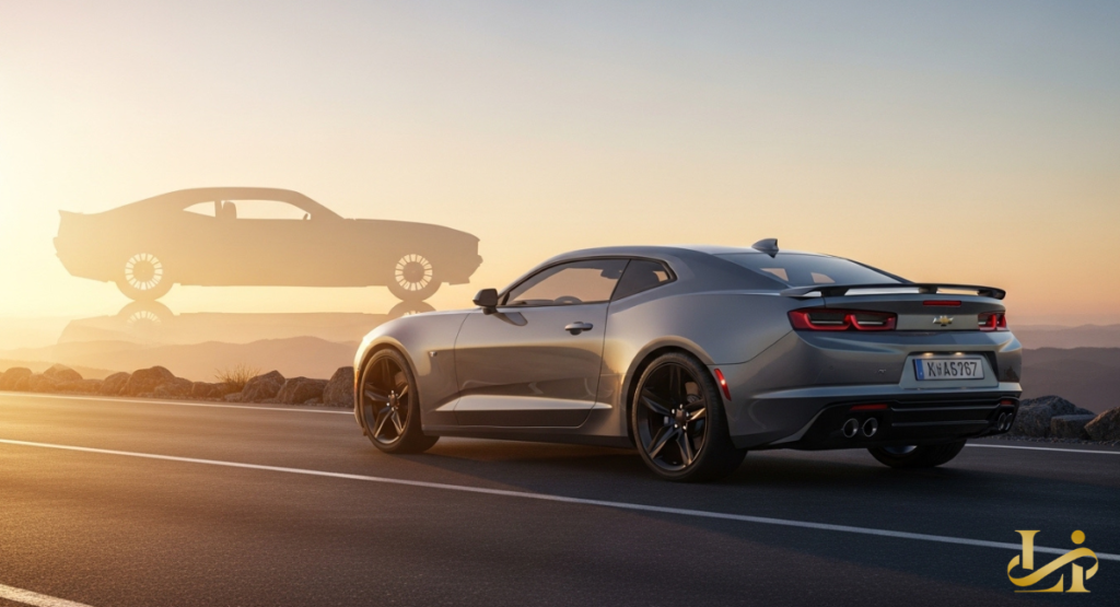A modern gray coupe is parked on a coastal road at dawn, with the transparent silhouette of a classic muscle car hovering in the sky.