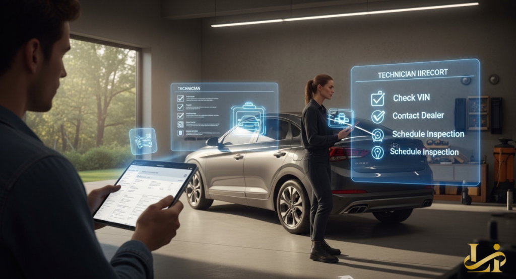A checklist icon appearing over a high-resolution image of a car’s dashboard and steering wheel. A digital shield symbol represents the restoration of safety standards after a successful dealer visit.