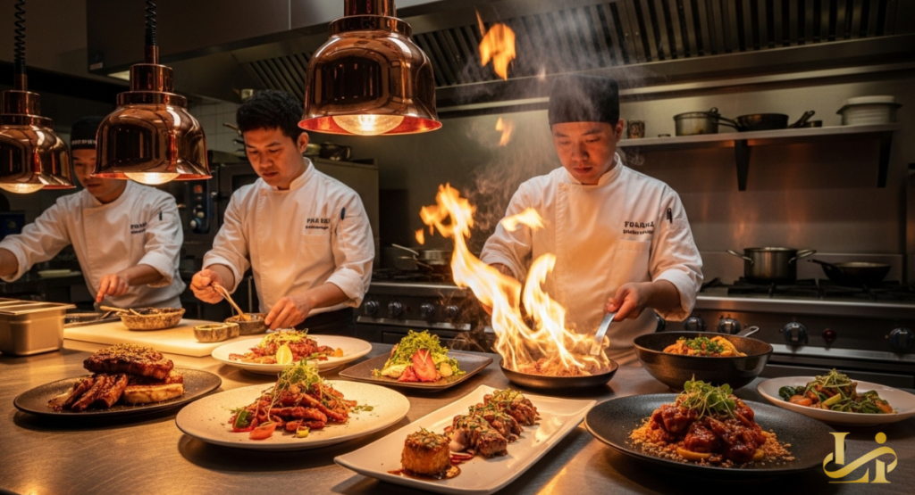 Three chefs in white coats plate elevated Korean dishes under copper pendant lights as flames rise from a wok.