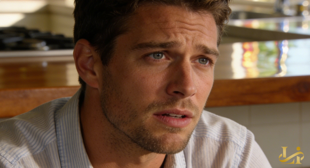 Close-up of a man in a striped shirt, his brow furrowed in concern. Soft kitchen light highlights his tense expression and stubble.