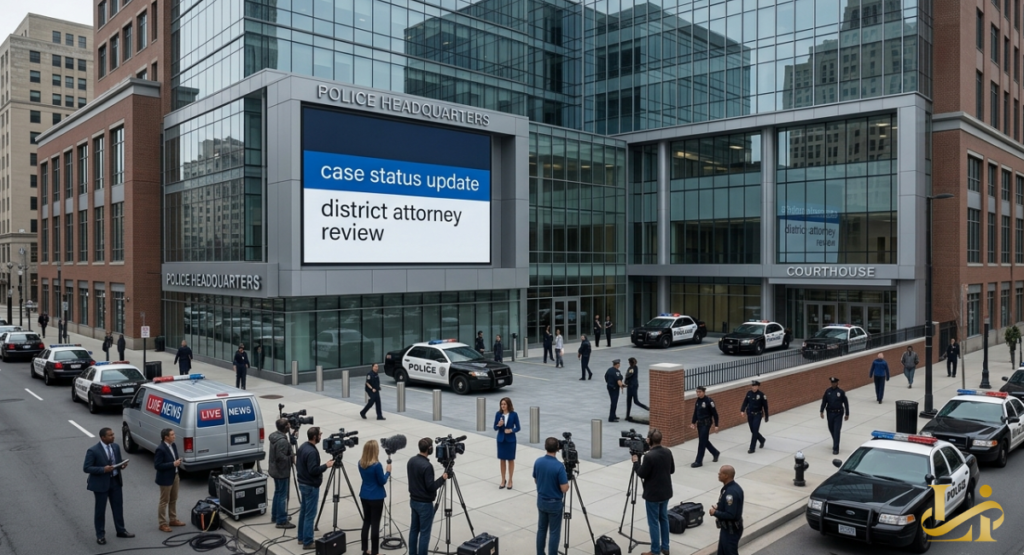 Large digital screen on a police headquarters building displaying a case status update for a District Attorney review.