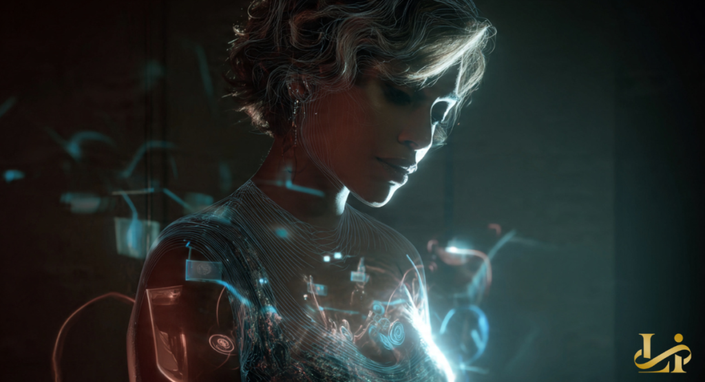 Futuristic profile portrait overlaid with glowing wireframe lines and digital interface elements. Cool blue highlights trace the contours of the face and shoulders in darkness.