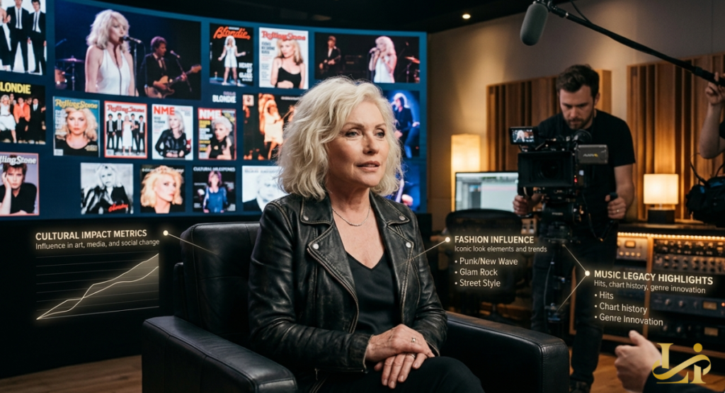 Musician in black leather jacket gives studio interview with career montage on screens behind her. Camera crew films as graphics highlight fashion influence, music legacy, and cultural impact metrics.