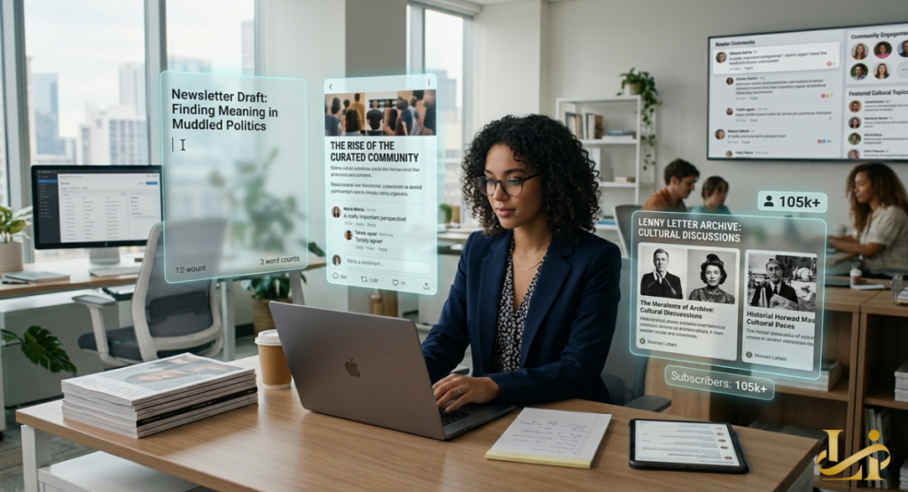A woman with curly hair and glasses works on a laptop in a modern, sunlit collaborative office space.