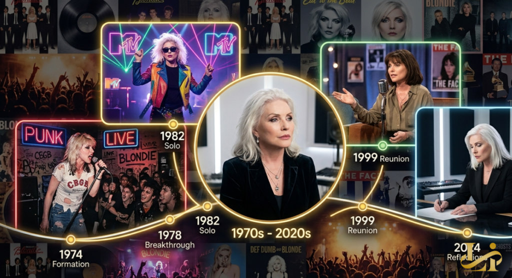 Timeline collage shows artist from 1974 CBGB punk to MTV solo era, 1999 reunion, and 2014 studio. Central portrait connects moments from new wave breakthrough to present-day songwriting sessions.