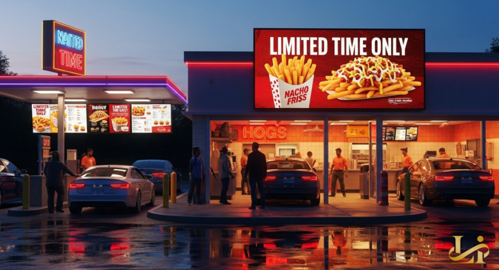 A modern fast-food restaurant exterior at sunset with a large digital banner advertising a new chicken and fries menu item.