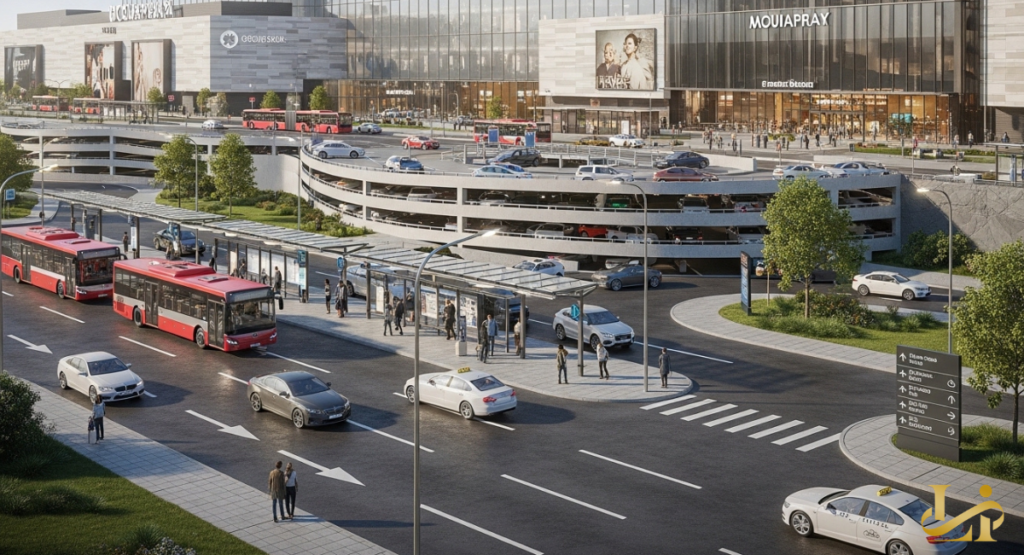 A digital map highlighting transit routes, highway exits, and expansive multi-level parking structures surrounding a major commercial hub.