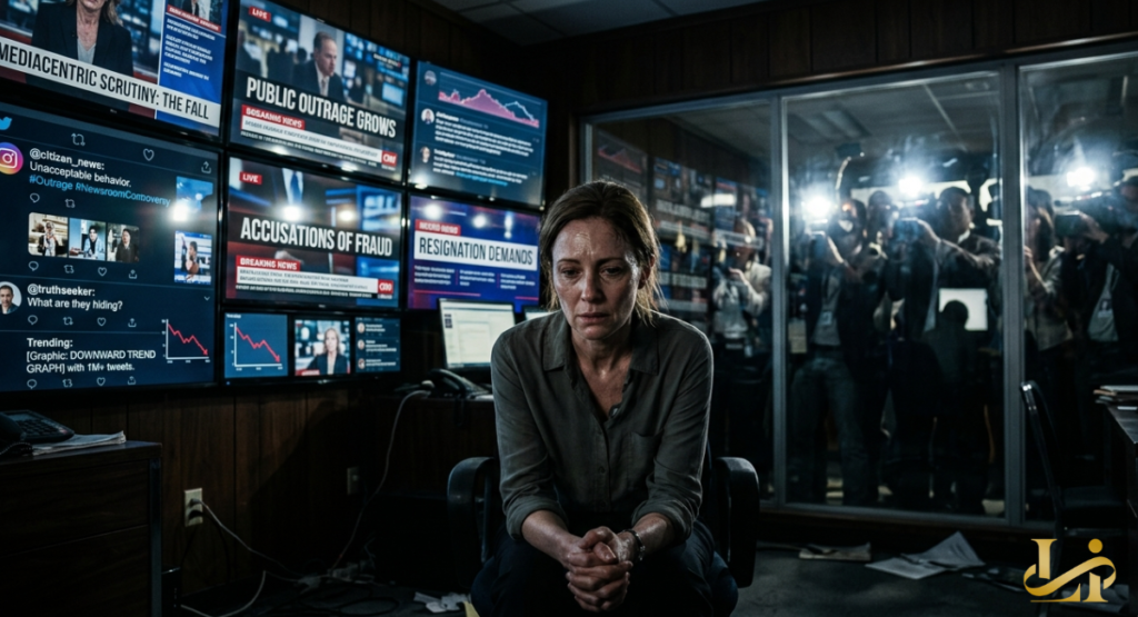 A woman sits in a dark room, looking distressed while surrounded by news monitors displaying critical headlines.