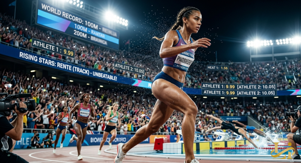 A female athlete in a blue and purple uniform sprinting intensely on a track, a world record graphic overlaid, with another runner visible behind her.