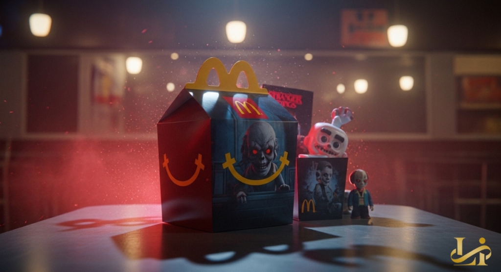 Close-up of a themed Happy Meal box features a glowing-eyed creature and creepy clown toy peeking out, with red mist and eerie lighting over a diner table.