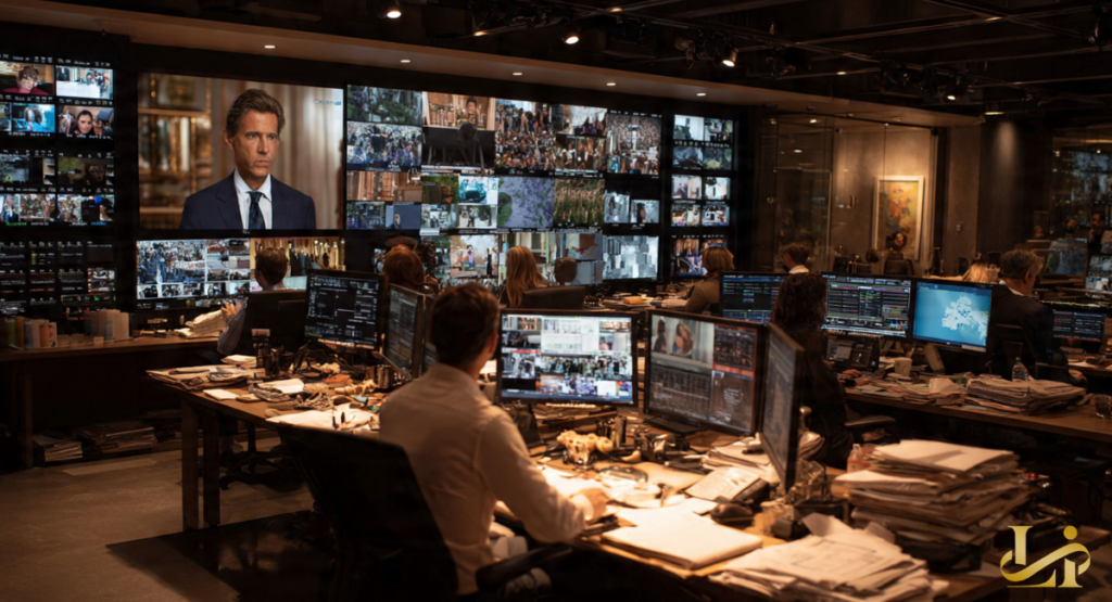 A newsroom filled with monitors broadcasts entertainment segments and panels. Editors work at desks while large screens cycle through footage and graphics.