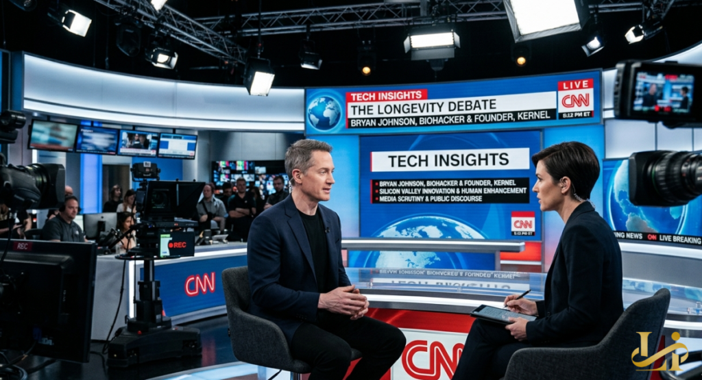 A split-screen showing a high-profile television interview on a major news network and a keynote presentation at a global technology summit. A public figure engages in a serious debate about the ethics of human enhancement.