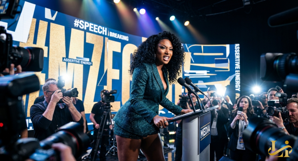 Artist in a sparkling teal blazer leans into a media podium surrounded by cameras under “#SPEECH BREAKING” graphics as she delivers a fiery, assertive statement to reporters.