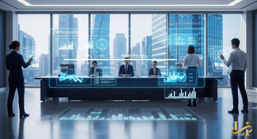 Executives meet in a glass-walled boardroom with holographic timelines, engineering fixes, and rollout phases