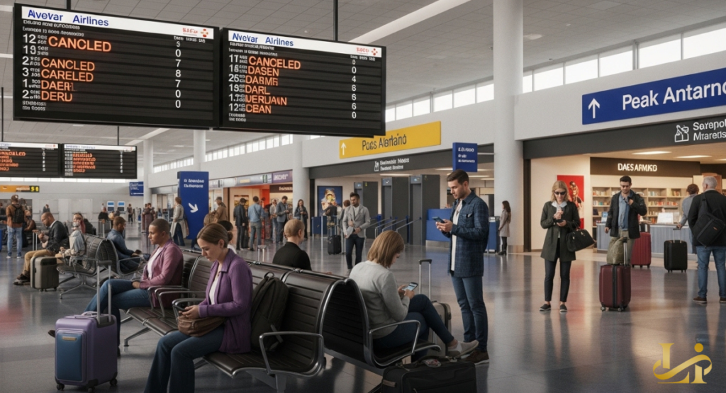 Passengers in a United States airport lounge check their phones for updates while the main departure board lists several domestic flights as canceled.
