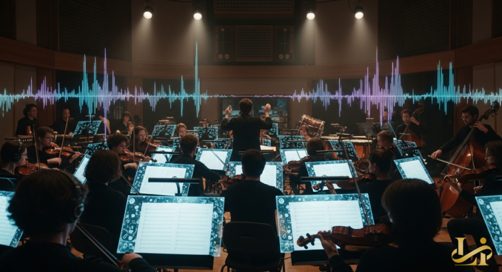 A full orchestra records in a dim studio with a conductor leading strings, brass, and percussion under spotlights.