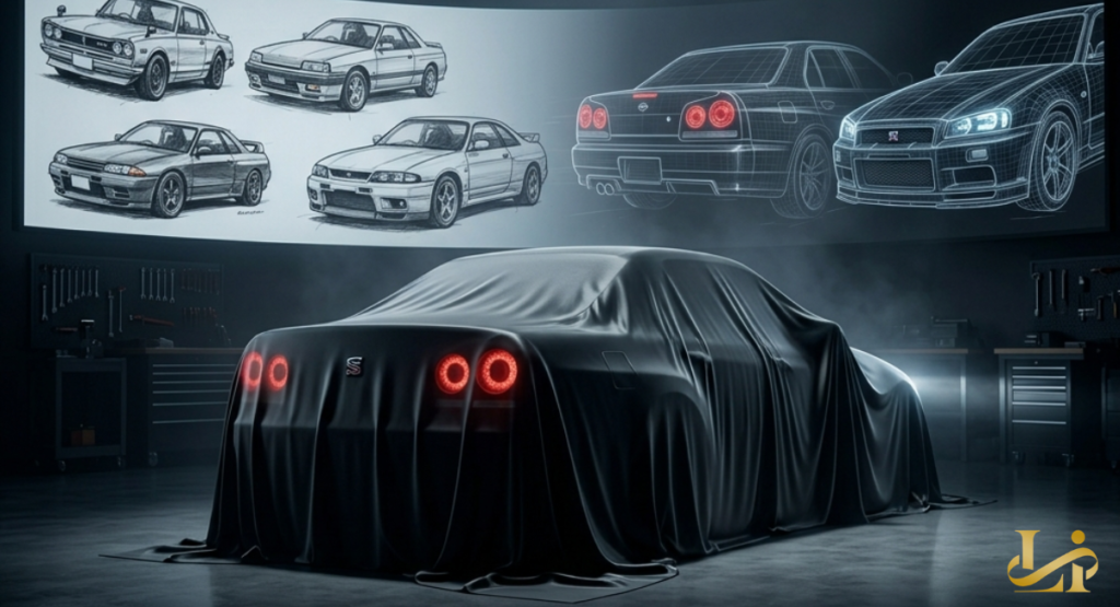 A car hidden under a black silk sheet in a dark workshop, with its distinctive circular red taillights glowing through the fabric.