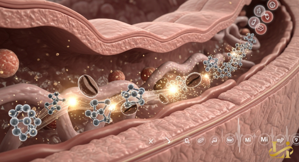 Close-up inside the intestinal tract shows coffee bean molecules and nutrients being absorbed through villi, with glowing pathways indicating enhanced mineral and antioxidant uptake.