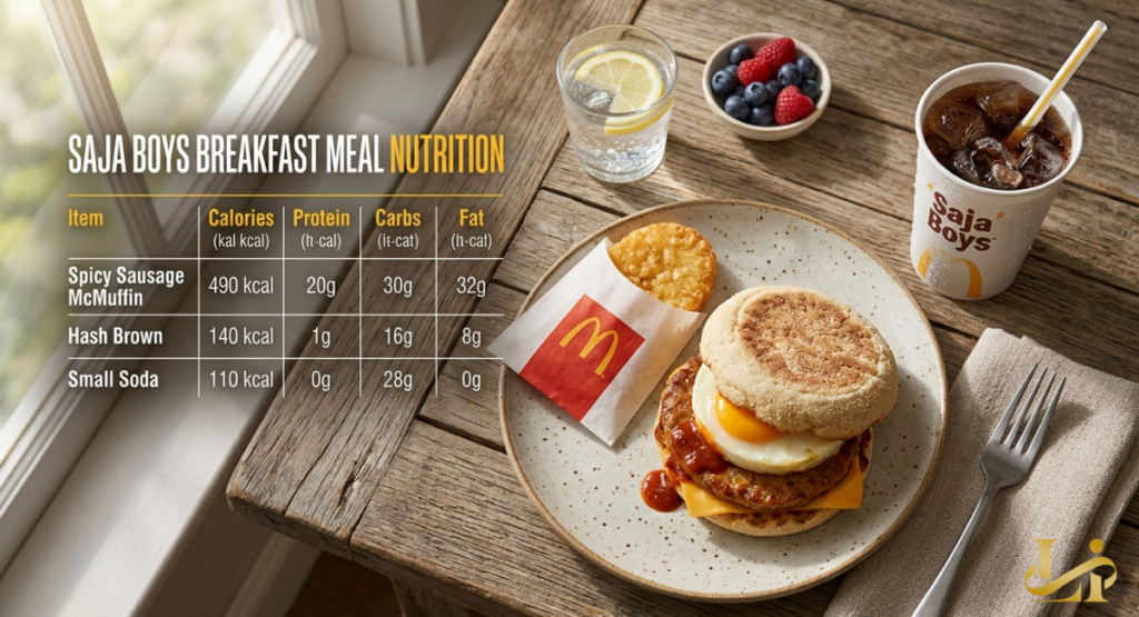 A clean, white infographic displaying a table of nutritional information, including calories, total fat, and sodium content for a breakfast meal. Icons for protein and fiber are highlighted in green, providing a clear overview of the meal's dietary breakdown.
