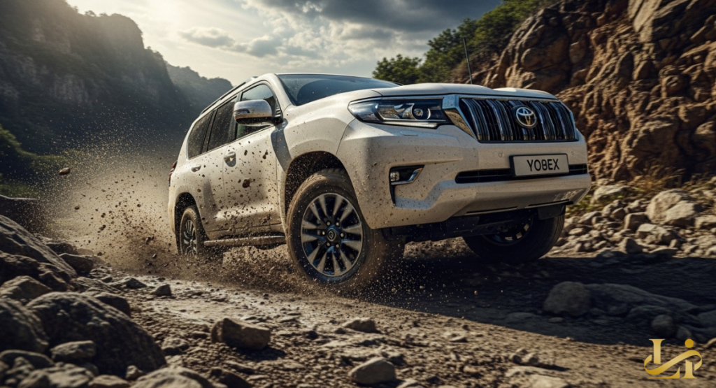A white off-road vehicle splashing through a muddy mountain trail surrounded by steep rocky cliffs.