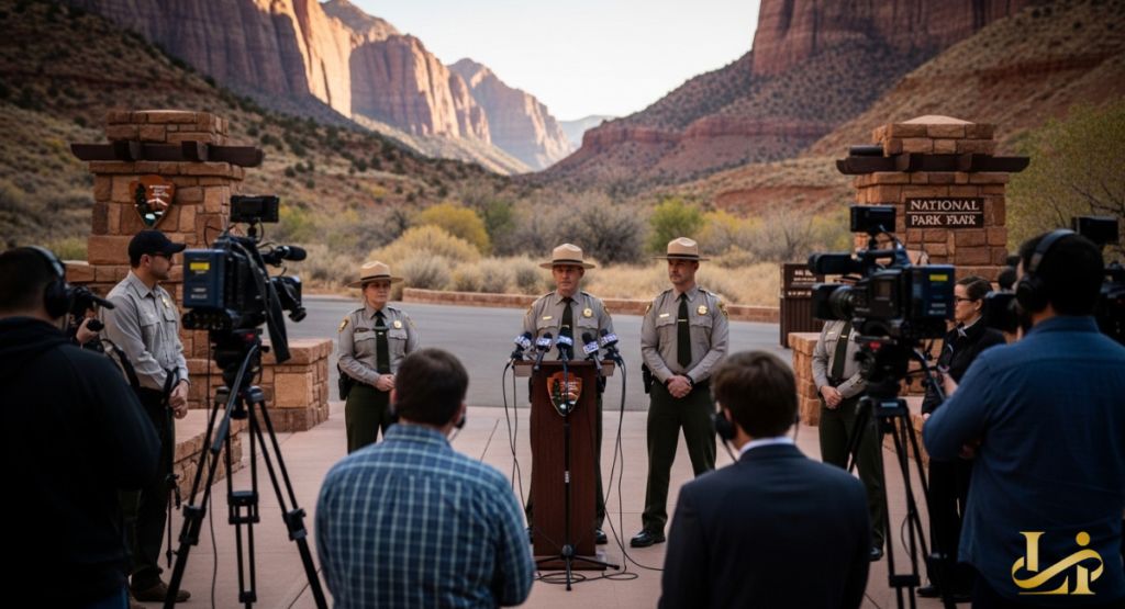 Park rangers hold a press briefing at the park entrance as cameras and reporters gather before red rock cliffs.