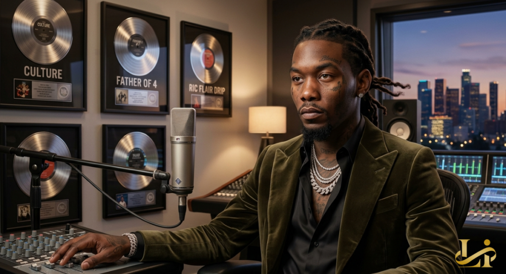 A tattooed artist in a green velvet jacket sits at a mixing console in a studio decorated with platinum records.