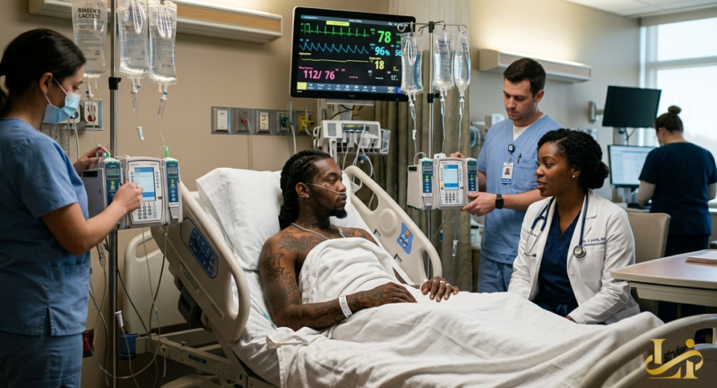 Rapper Offset lies in a hospital bed, connected to monitors and IV drips, while medical staff attend to him. A doctor in a white coat sits at his bedside speaking with him as two nurses adjust equipment.