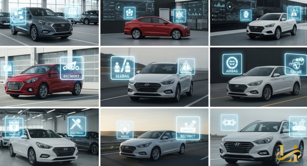 A vertical timeline graphic showing various automotive safety milestones and historical hardware updates. Icons for electrical systems, engine components, and safety restraints mark different eras of manufacturing.