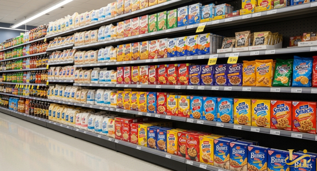 An organized display of pantry essentials including large bags of flour, sugar, and various branded snack boxes.