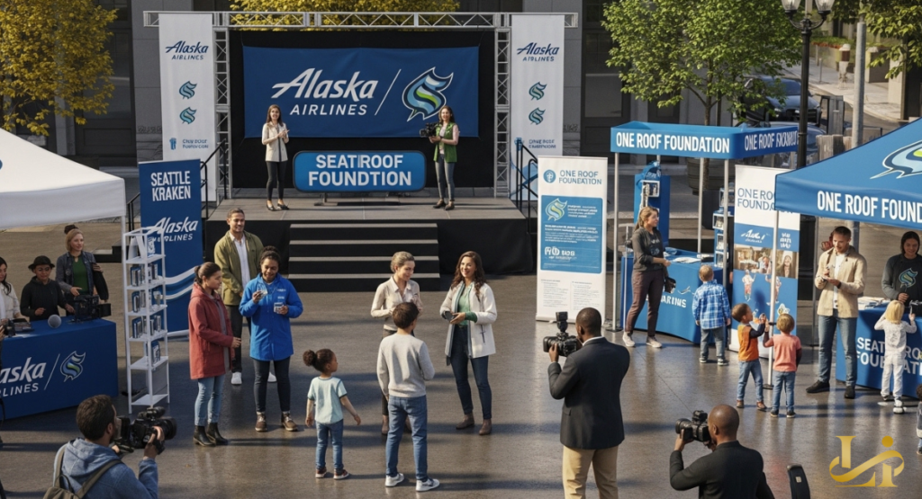 Community event plaza with Alaska Airlines and Seattle Kraken branding on stage, banners, and tents. Families, staff, and media gather around One Roof Foundation booths during a daytime outreach activation.
