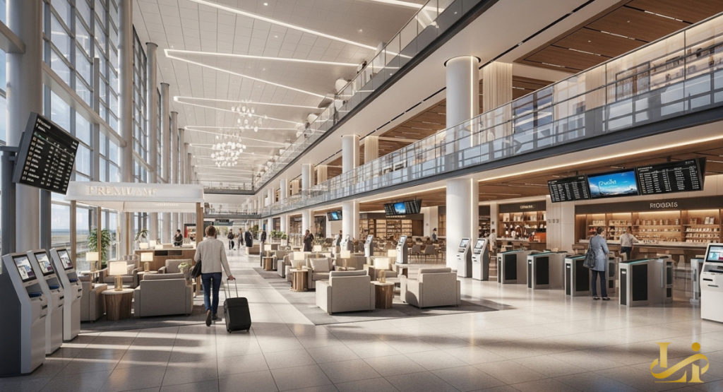 Sunlit departure hall features premium seating, self-service kiosks, biometric e-gates, and upscale retail under a high ceiling with natural wood and geometric lighting.