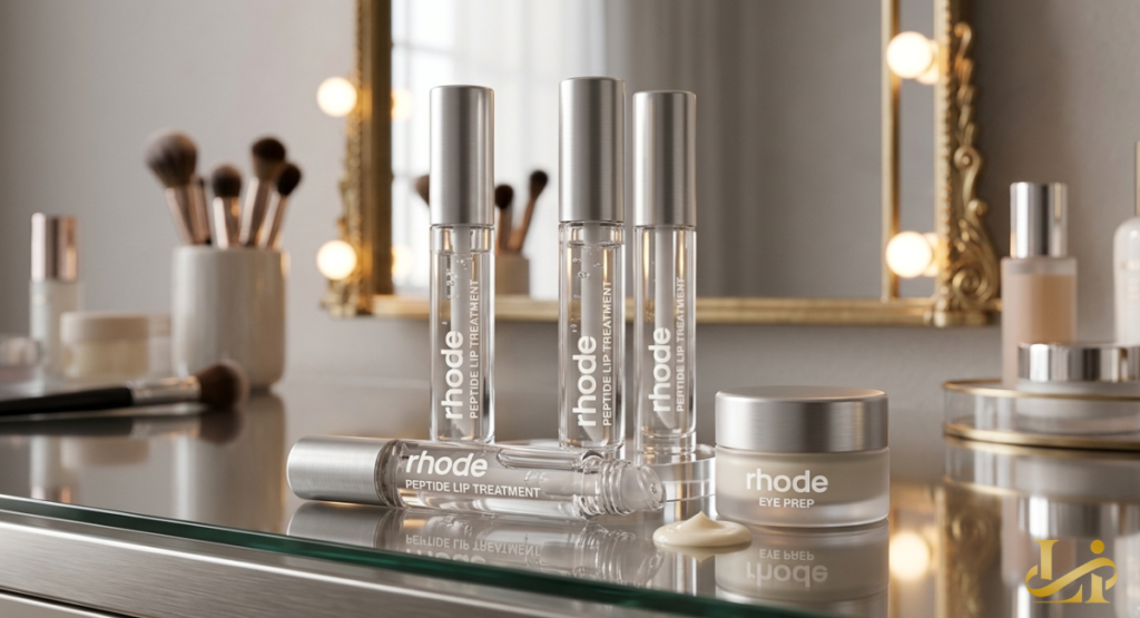 Clear tubes of Peptide Lip Treatment and a jar of Eye Prep arranged on a glass vanity. The silver-capped Rhode skincare sits in front of a lit mirror with makeup brushes blurred behind.