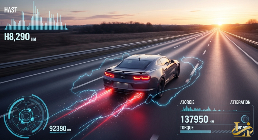 The rear view of a gray sports car speeding down an open highway at sunset, with digital telemetry overlays showing torque and speed.