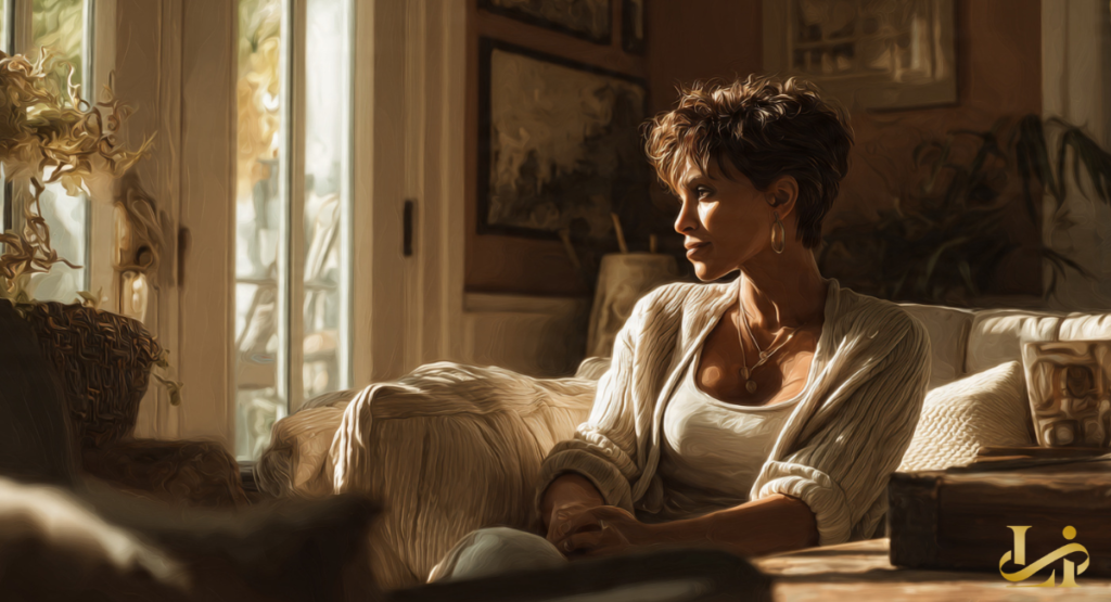 Woman with short cropped hair sits on a sunlit couch, looking out a window in profile. She wears a white tank and open cardigan, hands resting calmly in her lap.