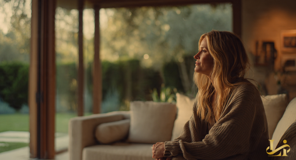 Woman in a cozy cardigan sits on a sunlit sofa looking out floor-to-ceiling glass doors at a green garden,