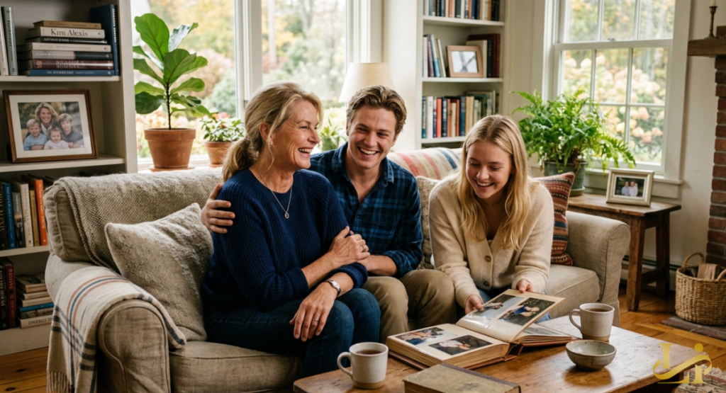 Three people sit together on a comfortable living room sofa, laughing while looking through a large family photo album together.