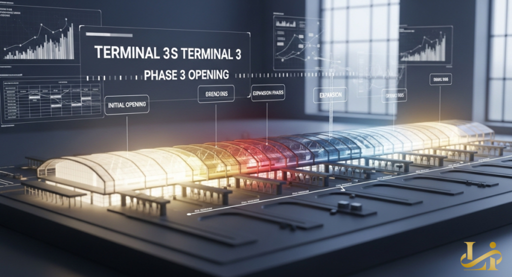 Illuminated architectural model displays Terminal 3 in color-coded sections labeled Initial Opening, Expansion Phase, and Phase 3, with data charts projected on the wall behind it.