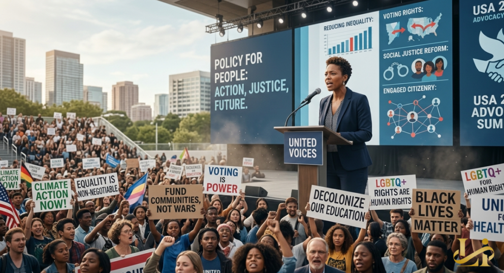 A speaker addresses a diverse, energized crowd at an outdoor summit dedicated to policy and social justice.